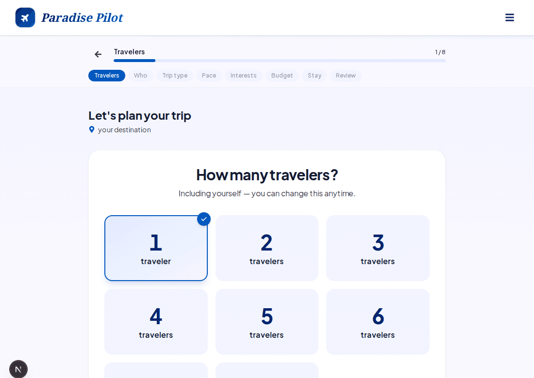 Guided planner asking how many travelers