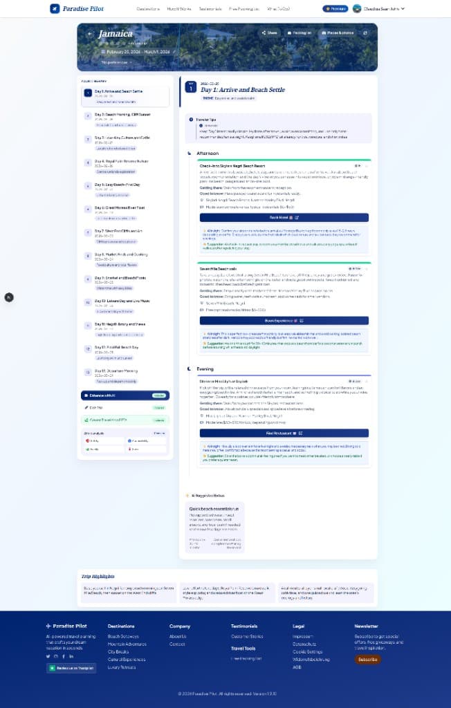 Paradise Pilot trip planner showing day navigation, AI insights, and direct booking buttons