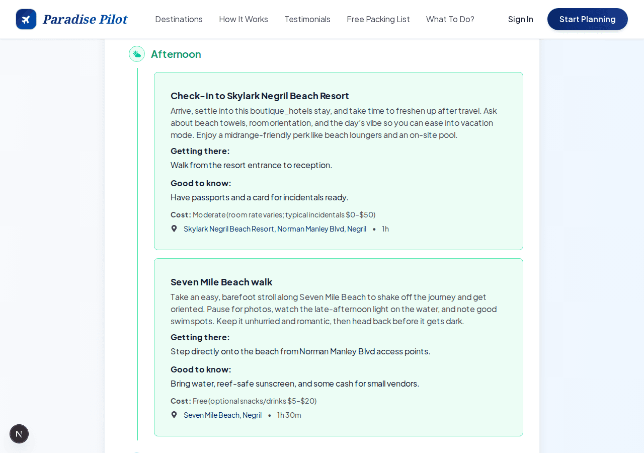 Day 1 itinerary with hotel check-in, beach walk, getting-there tips and costs