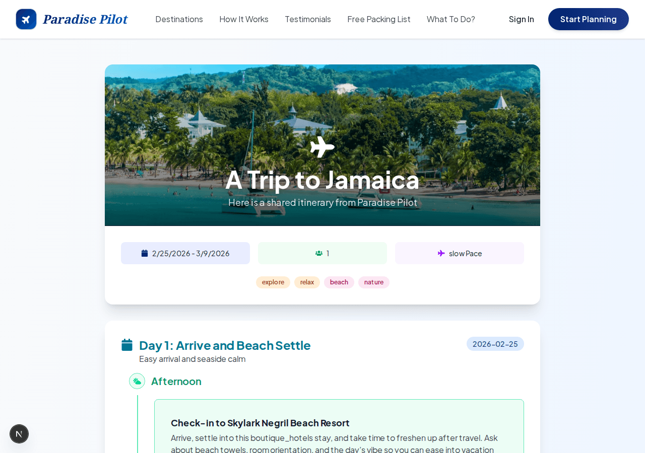 Paradise Pilot Jamaica trip overview with dates, pace, and interests